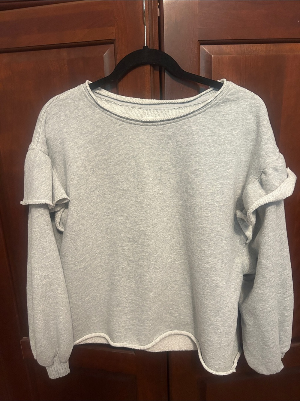 aerie Light Gray Crewneck Sweatshirt with Ruffle Trim